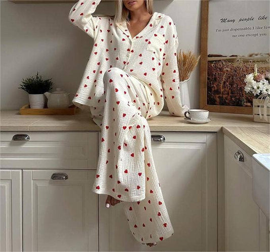 Valentine's Day heart print pajamas cotton loungewear set: Apricot