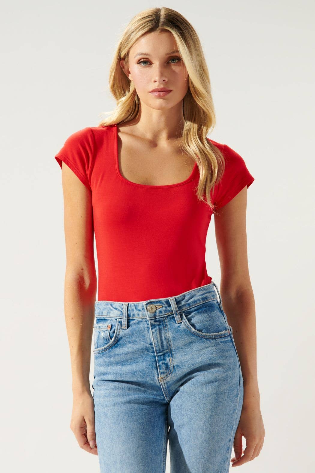 All For You Square Neck Tee Jersey Knit Top: Camel
