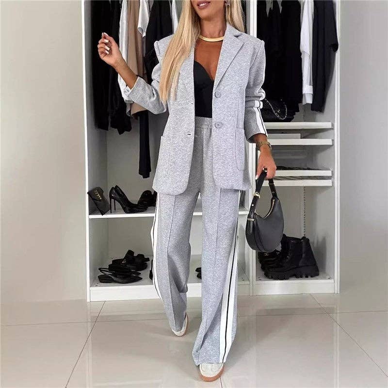 Color Block Long Sleeve Blazer And Pants Casual Suit