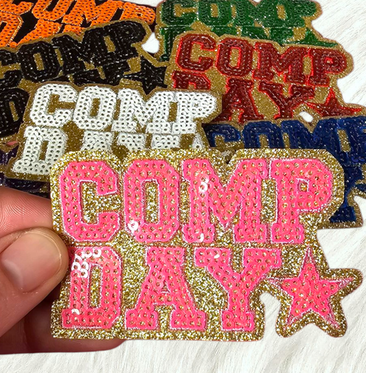 COMP DAY Cheer Dance Sequin on Glitter Small Iron-on Patch: Orange