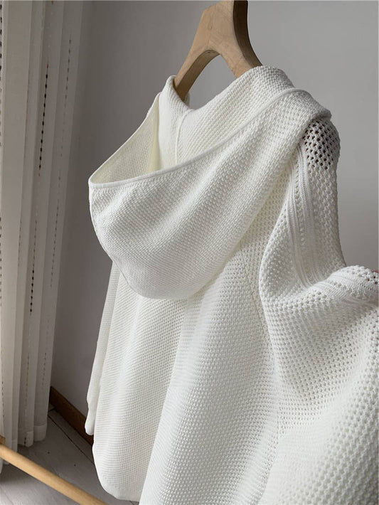 Hooded Knit Pullover: White / Missy / One Size