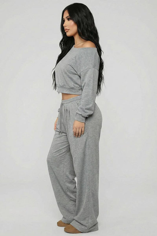 Effortless Ease French Terry Off-Shoulder Lounge Set: Charcoal Grey