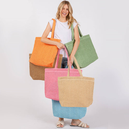 Solid Color Crochet Summer Straw Tote Bag: Olive
