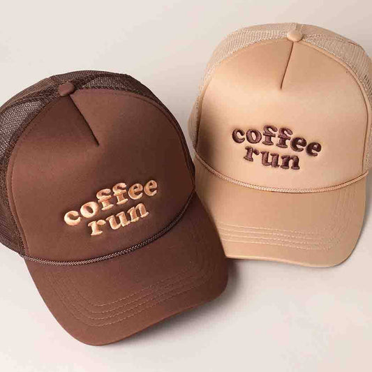 Coffee Run Embroidered Trucker Cap: LATTE / One Size
