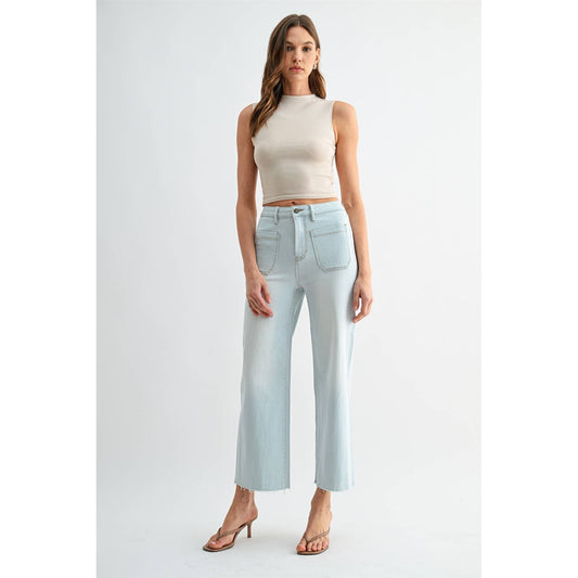 HIGH-RISE WIDE LEG CROP RAW HEM: BLIZZARD BLUE