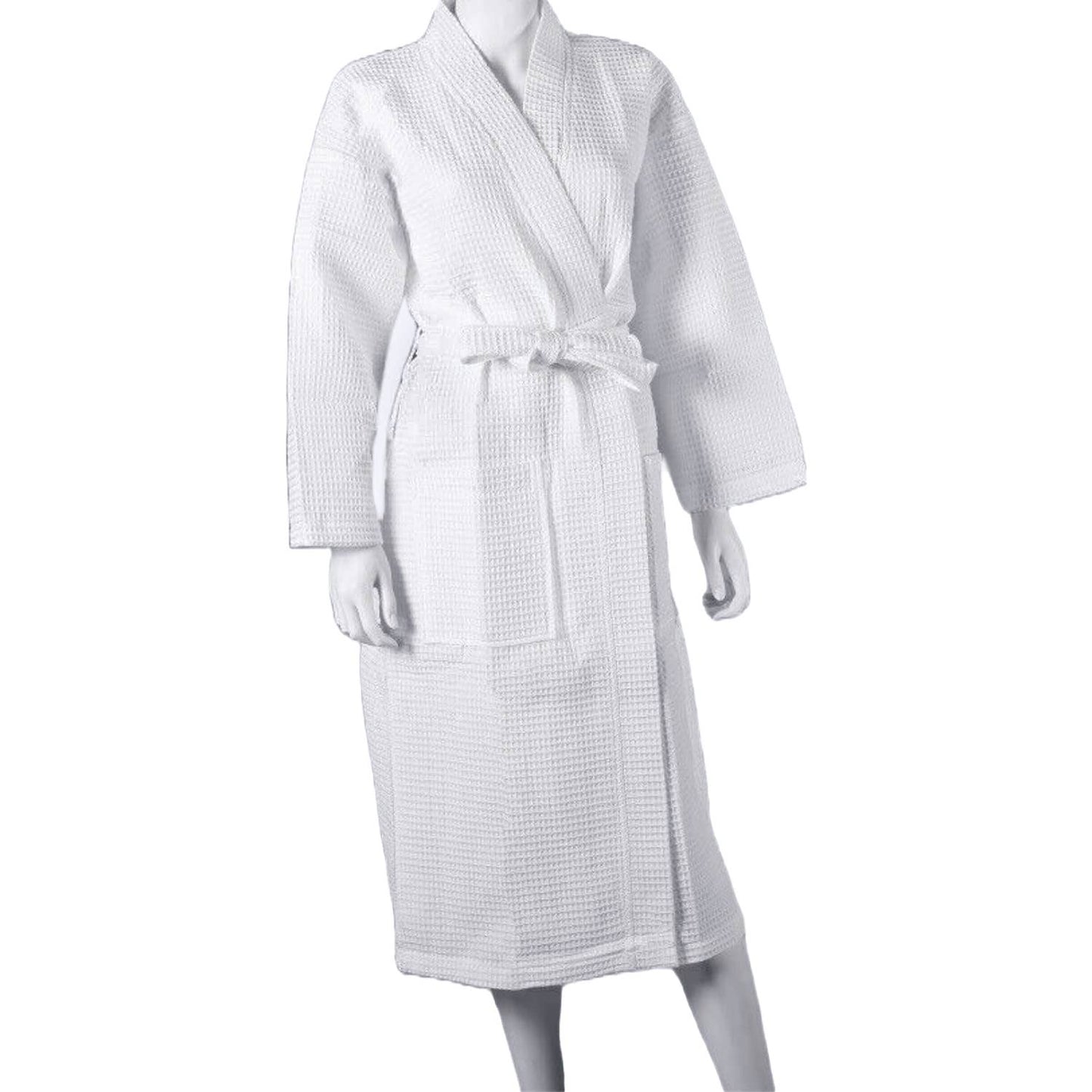 Lightweight Waffle Bathrobe, Spa Dressing Gown Kimono: White