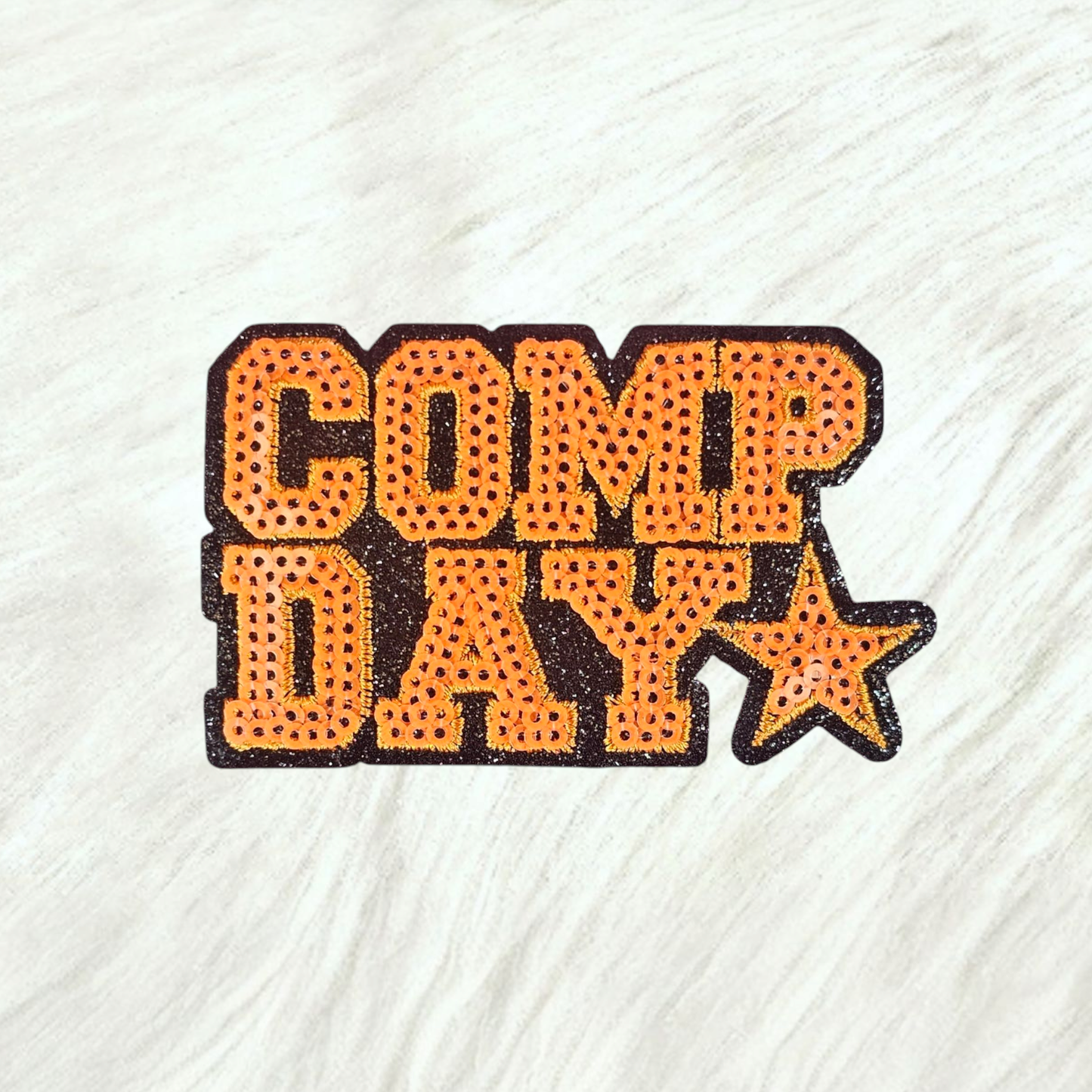 COMP DAY Cheer Dance Sequin on Glitter Small Iron-on Patch: Orange