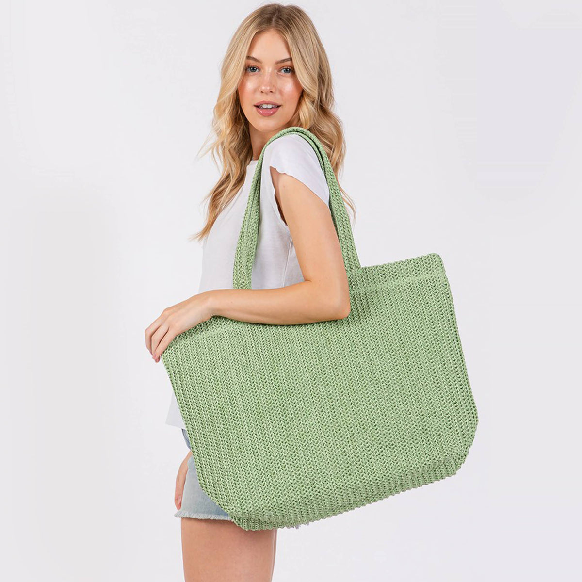 Solid Color Crochet Summer Straw Tote Bag: Olive