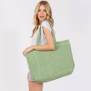 Solid Color Crochet Summer Straw Tote Bag: Olive