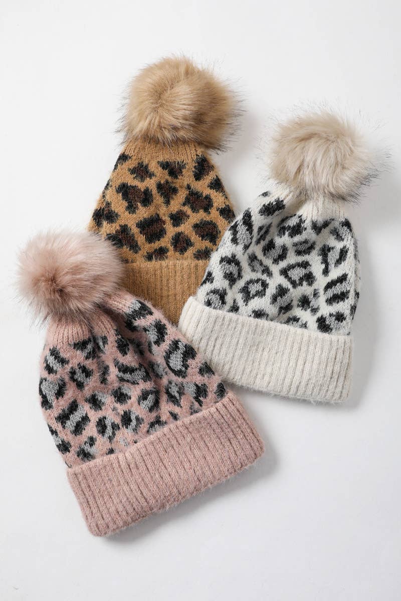 🐆 Leopard Knit Beanie with Pom Pom - Gray