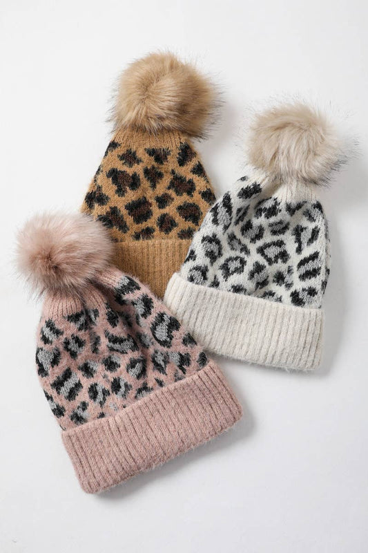 🐆 Leopard Knit Beanie with Pom Pom - Gray