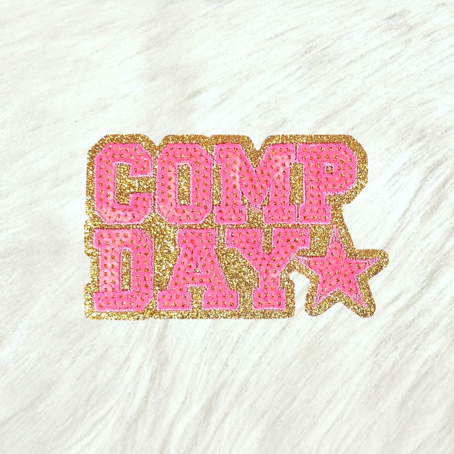 COMP DAY Cheer Dance Sequin on Glitter Small Iron-on Patch: Orange
