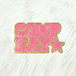 COMP DAY Cheer Dance Sequin on Glitter Small Iron-on Patch: Orange