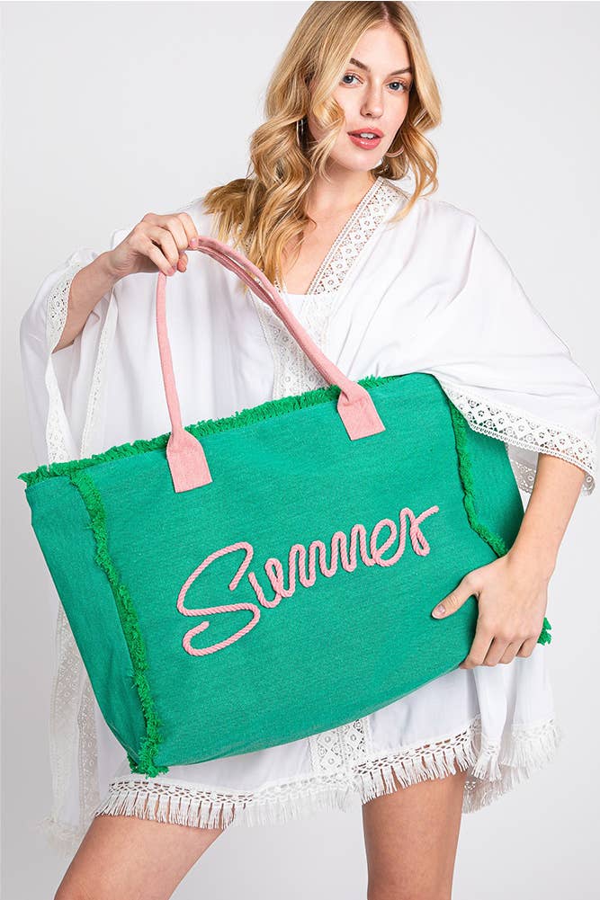 Sewn Rope Summer Letter Fringed Canvas Bag: Green