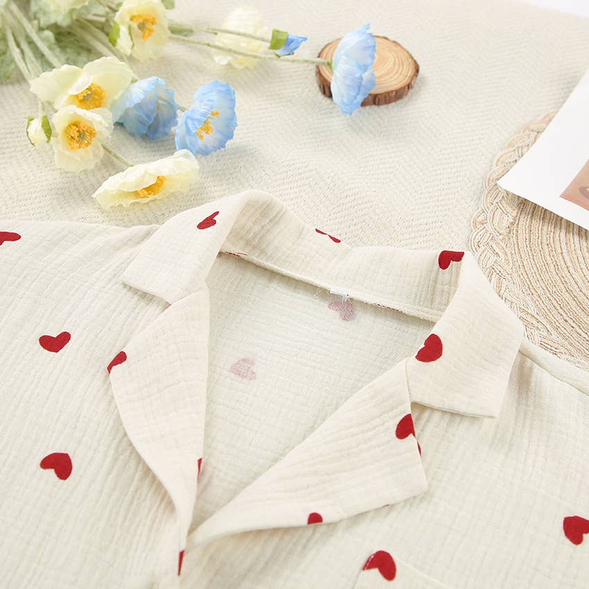 Valentine's Day heart print pajamas cotton loungewear set: Apricot