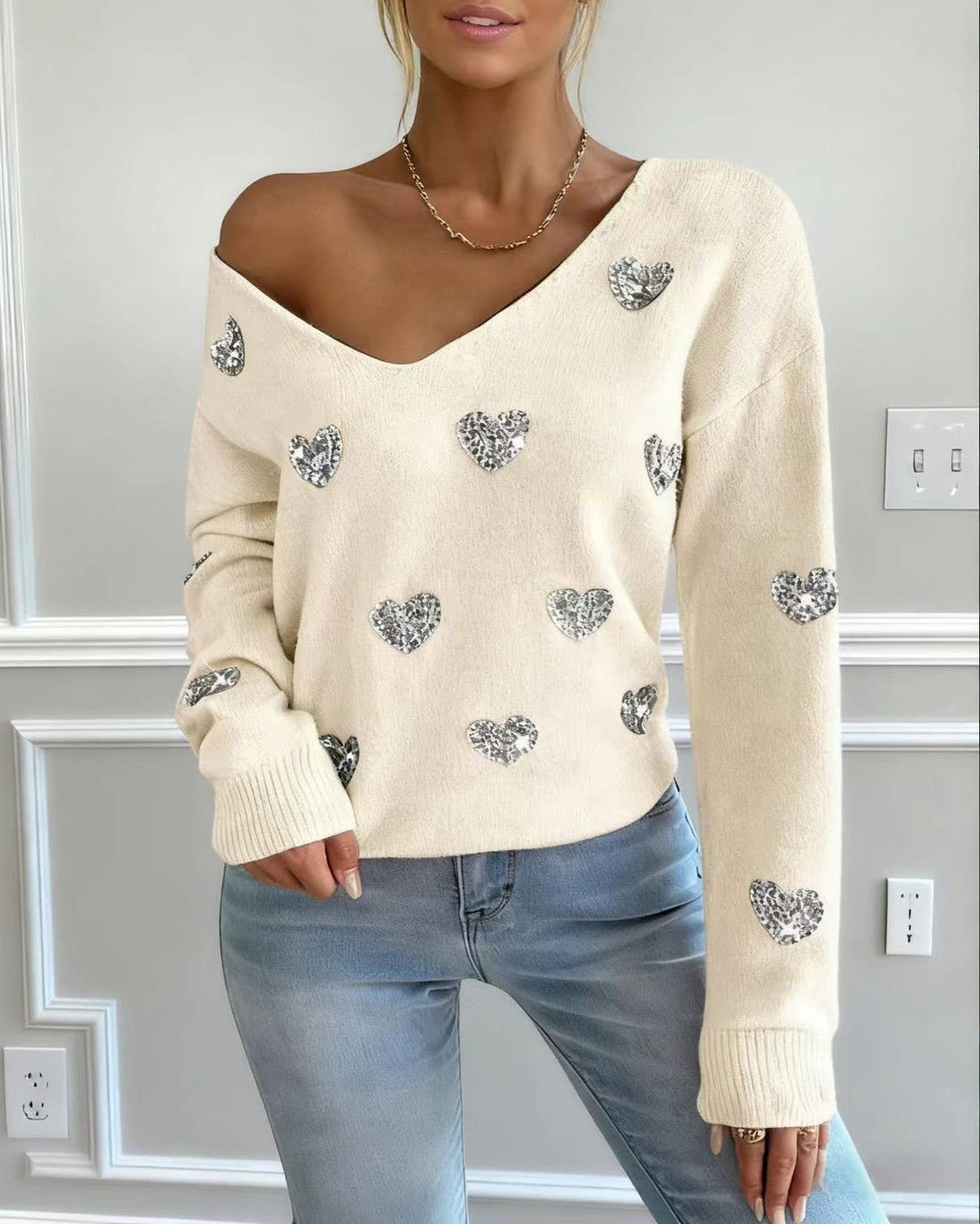 Valentines Sequin Heart Embroidered V-Neck Sweater
