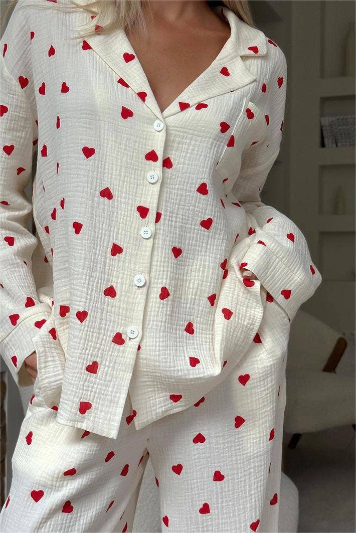 Valentine's Day heart print pajamas cotton loungewear set: Apricot