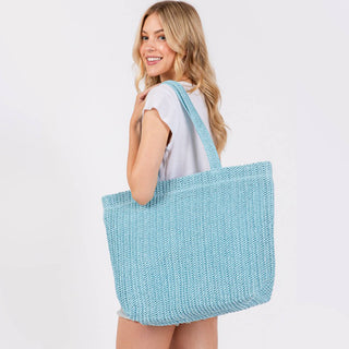 Solid Color Crochet Summer Straw Tote Bag: Taupe