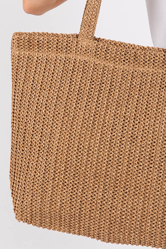 Solid Color Crochet Summer Straw Tote Bag: Taupe