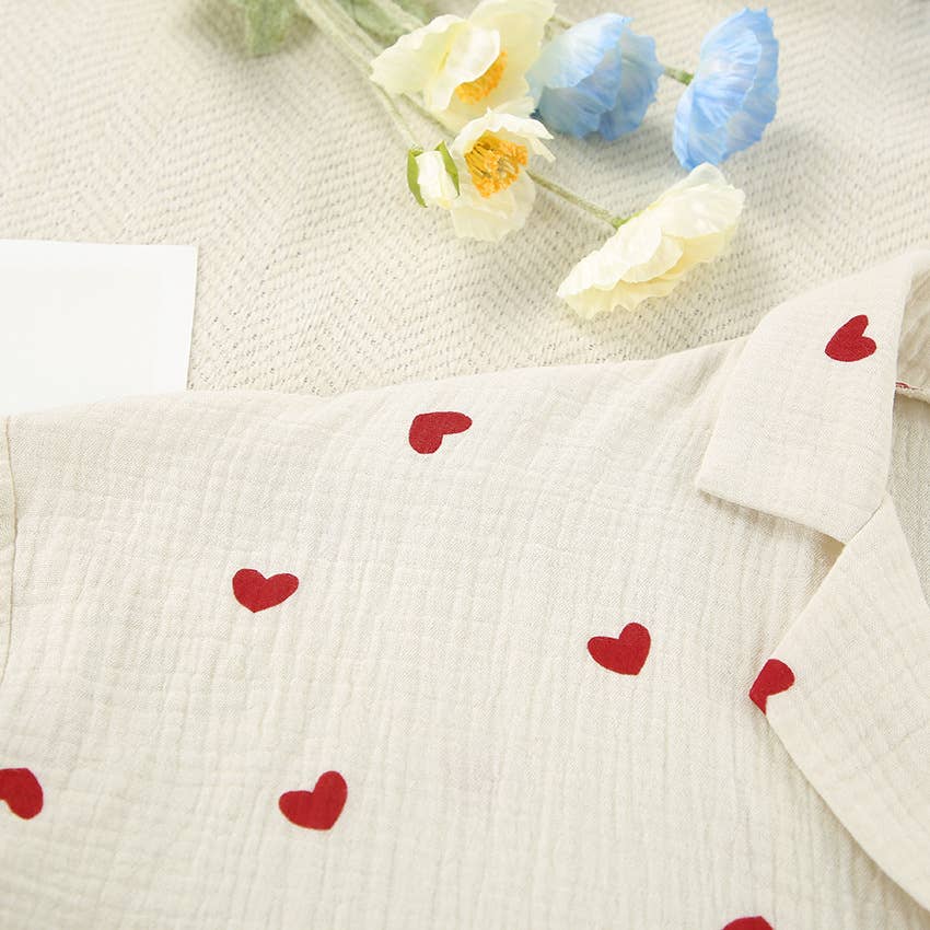 Valentine's Day heart print pajamas cotton loungewear set: Apricot