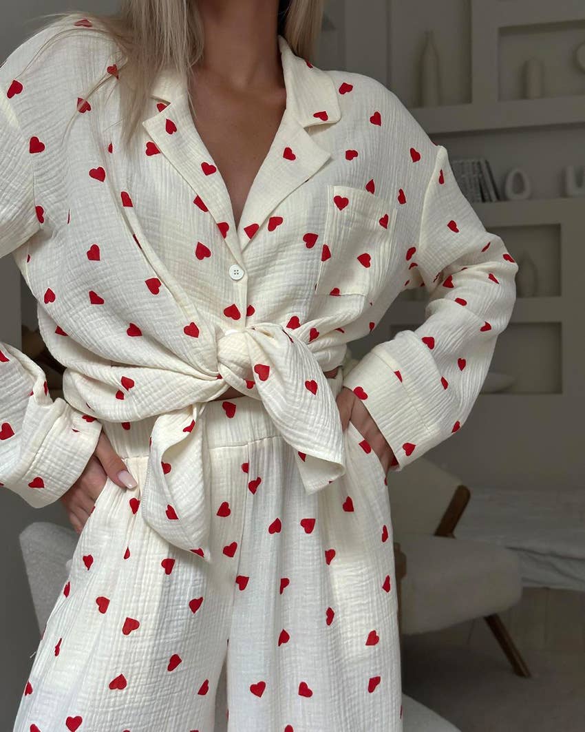 Valentine's Day heart print pajamas cotton loungewear set: Apricot