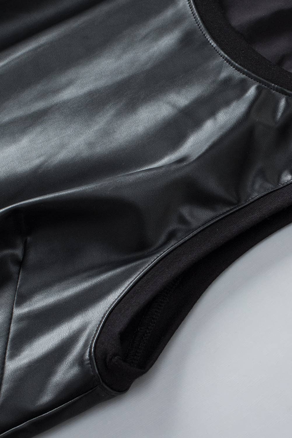 Black Faux Leather Crew Neck Tank Top: Black
