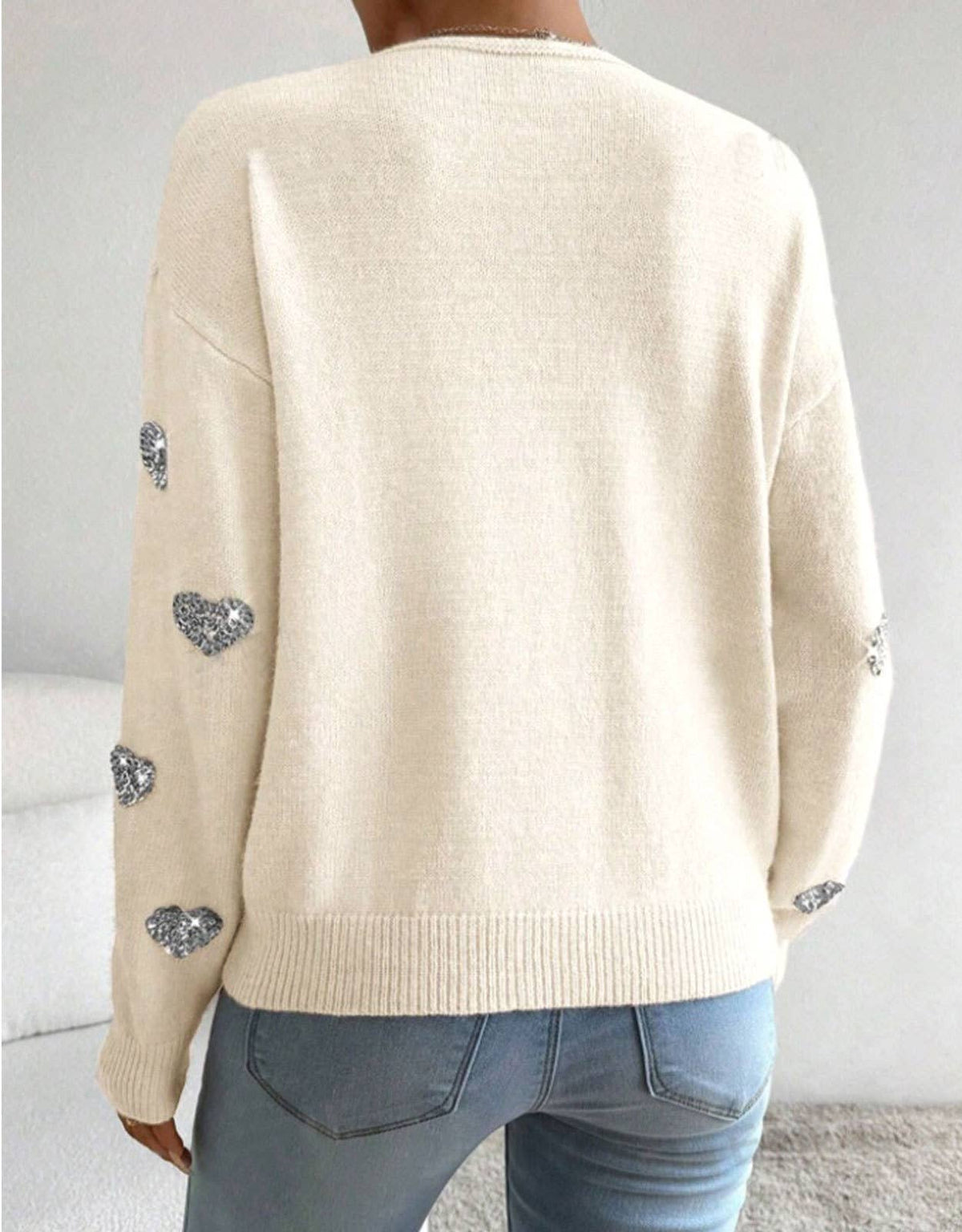 Valentines Sequin Heart Embroidered V-Neck Sweater