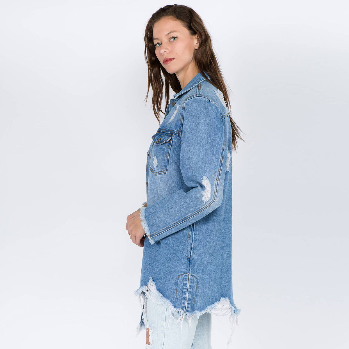 DISTRESSED DENIM SHIRT STYLE JACKET-WHITE