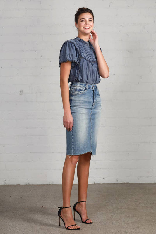 High Rise Stretch Raw Hem Knee Length Denim Skirt
