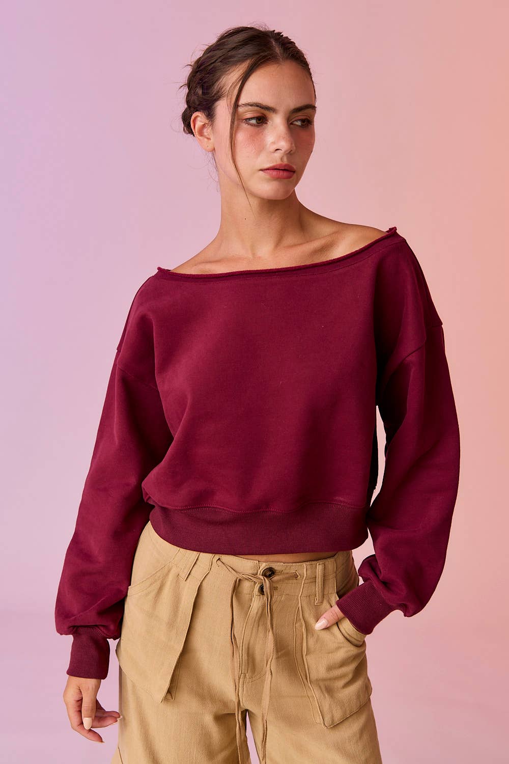 PT17835 - Alina Off Shoulder Cropped Sweatshirt: Black