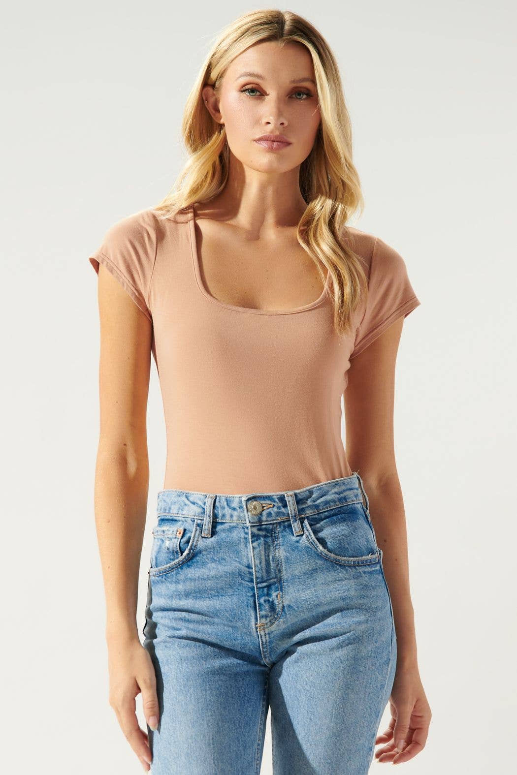 All For You Square Neck Tee Jersey Knit Top: Camel
