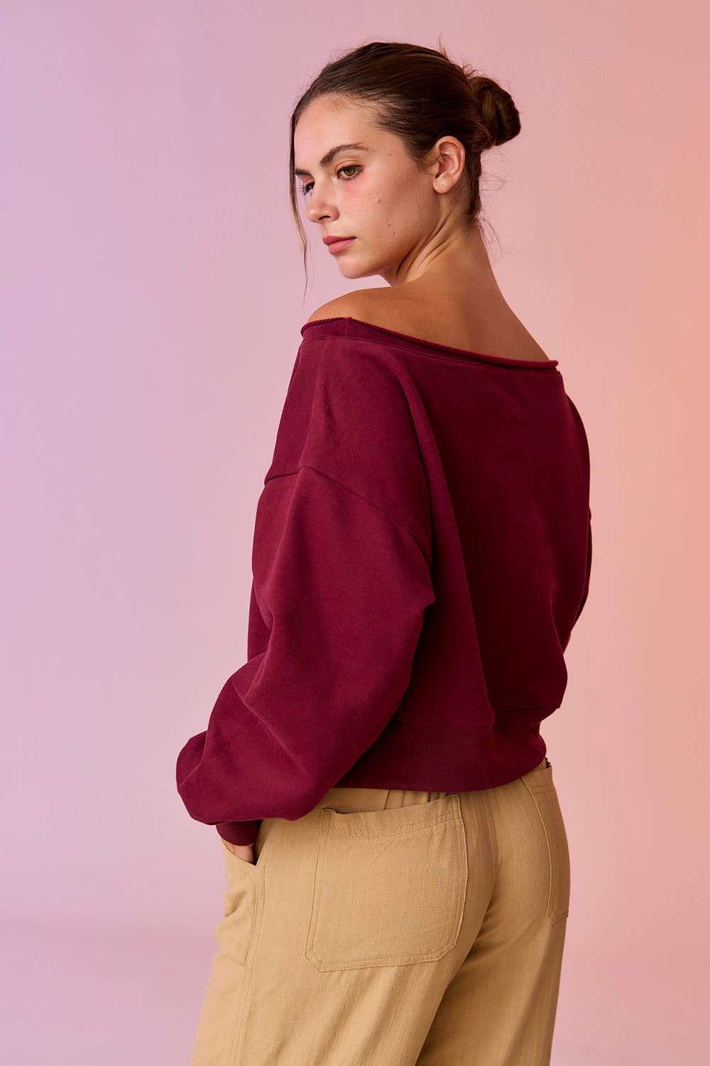 PT17835 - Alina Off Shoulder Cropped Sweatshirt: Light Grey