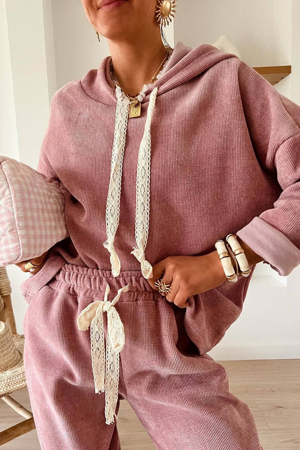 Parchment Leopard Drawstring Pullover Hoodie and High Waist Pants Corduroy Suit