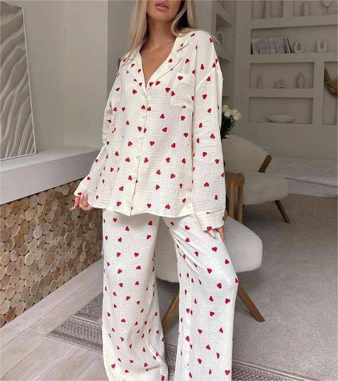 Valentine's Day heart print pajamas cotton loungewear set: Apricot