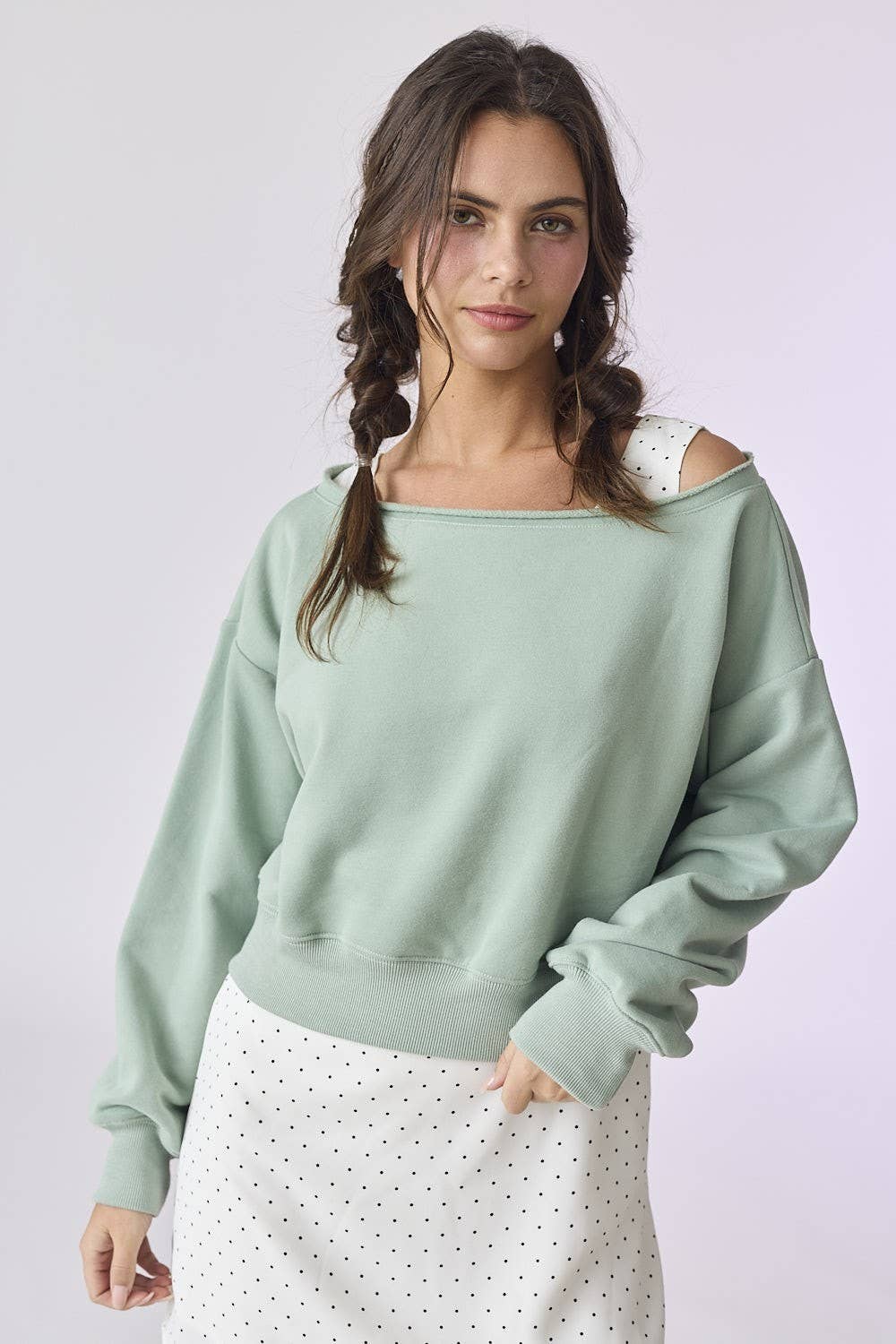 PT17835 - Alina Off Shoulder Cropped Sweatshirt: Black