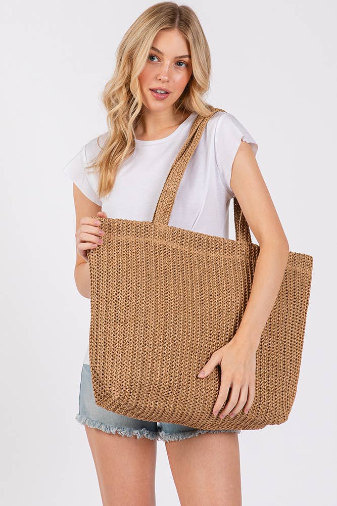 Solid Color Crochet Summer Straw Tote Bag: Taupe