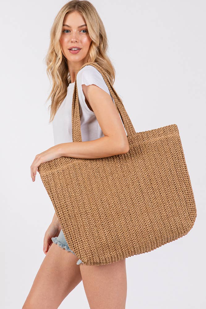 Solid Color Crochet Summer Straw Tote Bag: Beige