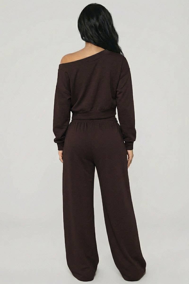 Effortless Ease French Terry Off-Shoulder Lounge Set: Deep Navy