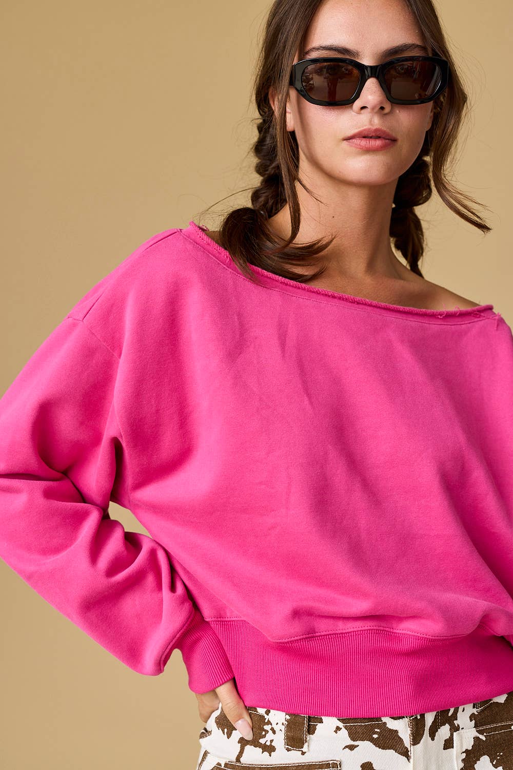 PT17835 - Alina Off Shoulder Cropped Sweatshirt: Black