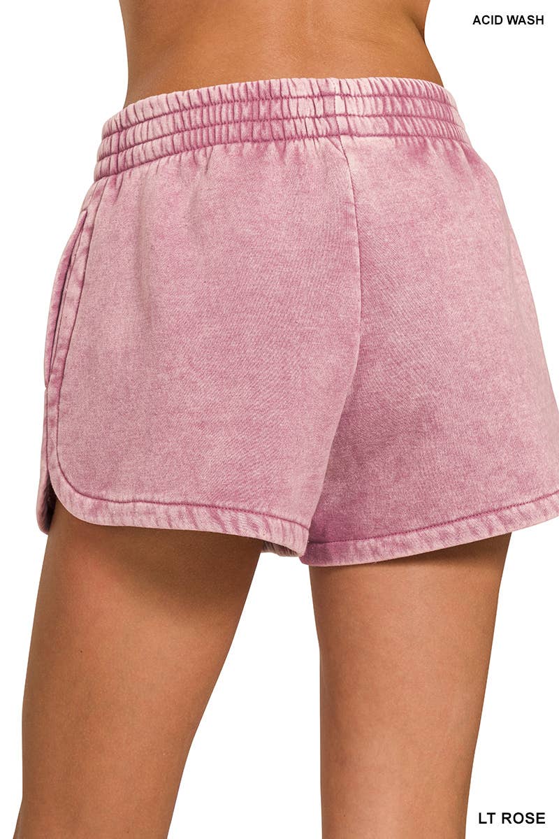 Acid Wash Elastic Waistband Fleece Shorts