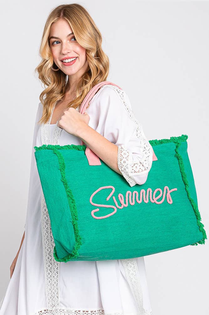 Sewn Rope Summer Letter Fringed Canvas Bag: Green
