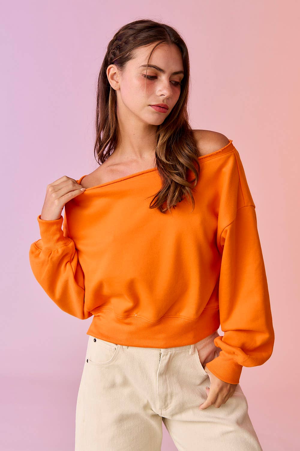PT17835 - Alina Off Shoulder Cropped Sweatshirt: Pink