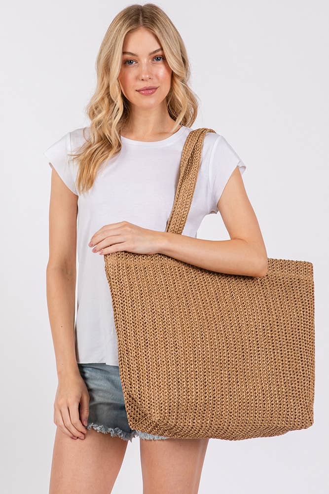 Solid Color Crochet Summer Straw Tote Bag: Beige