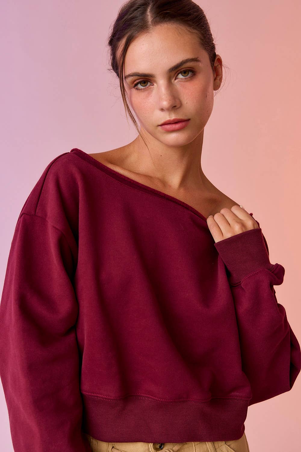 PT17835 - Alina Off Shoulder Cropped Sweatshirt: Brown