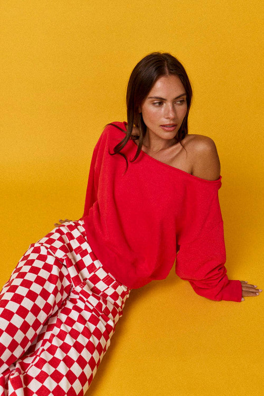 PT17835 - Alina Off Shoulder Cropped Sweatshirt: Pink