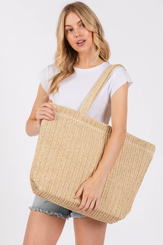Solid Color Crochet Summer Straw Tote Bag: Taupe