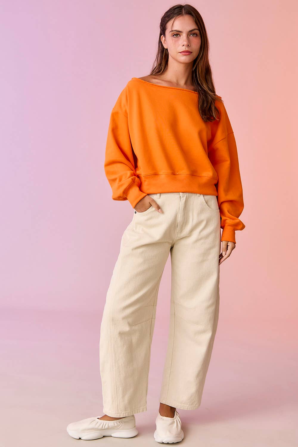 PT17835 - Alina Off Shoulder Cropped Sweatshirt: Pink