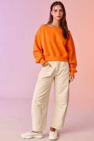 PT17835 - Alina Off Shoulder Cropped Sweatshirt: Light Grey
