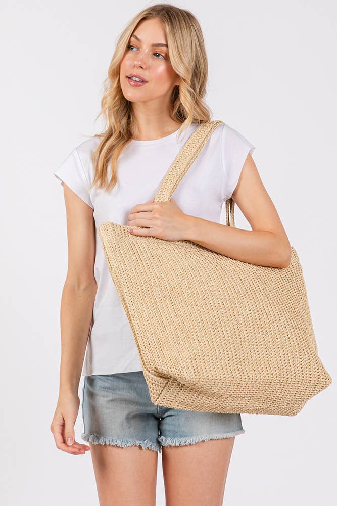 Solid Color Crochet Summer Straw Tote Bag: Blue