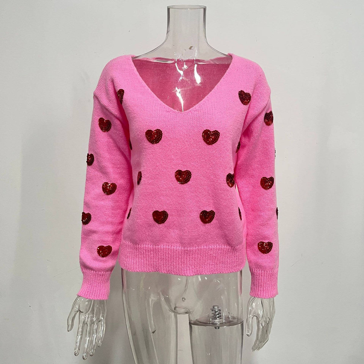 Valentines Sequin Heart Embroidered V-Neck Sweater
